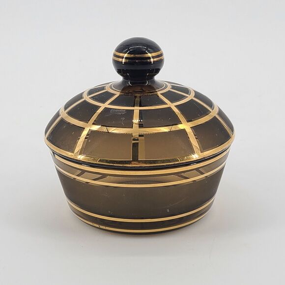 Vintage Smoky Glass Trinket Candy Dish Lid Gold Stripes - Picture 1 of 4